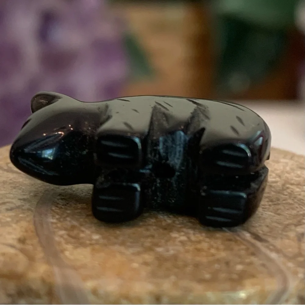 Vintage Carved Obsidian Black Bear Fetish Pendant Bead Detailed Drilled Mini .9